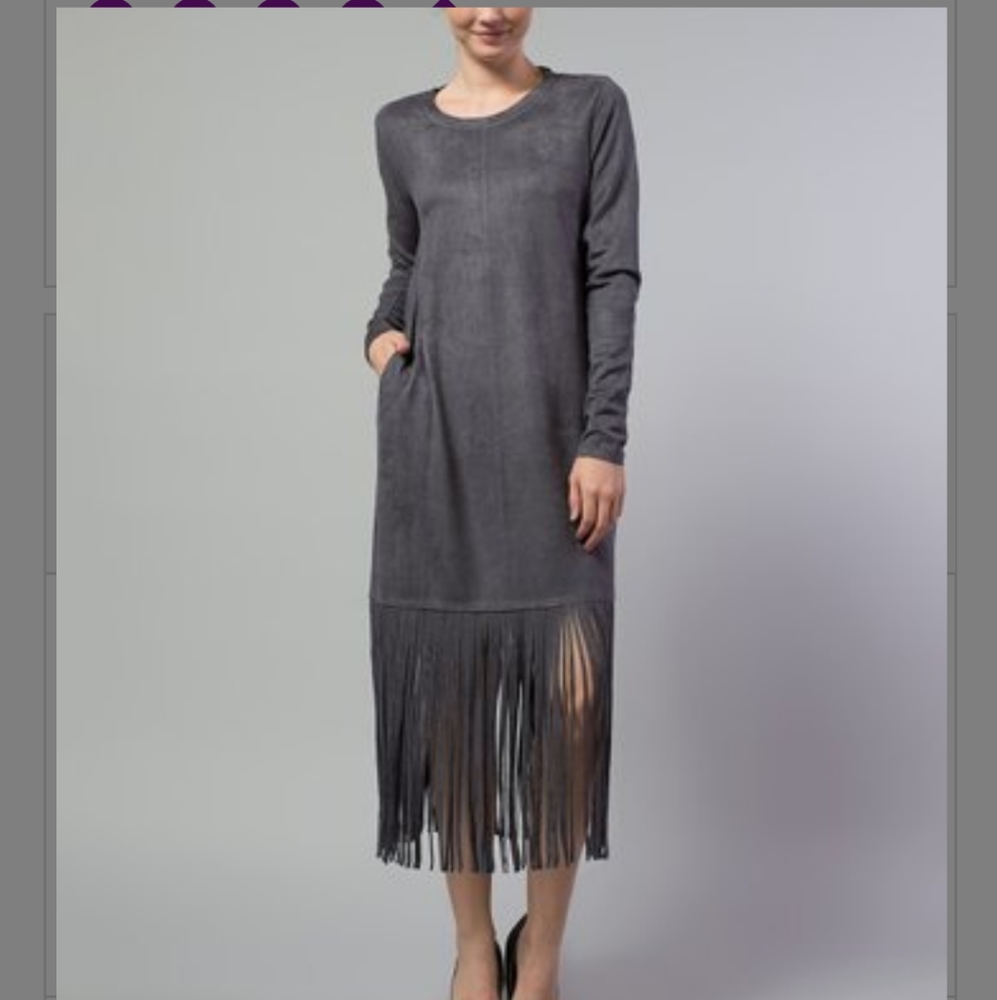 Morning Apple charcoal faux suede fringe dress